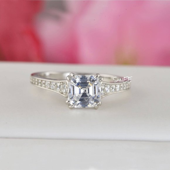 Real 925 Ascher Cut Wedding Engagement Ring Set - Picture 3 of 5